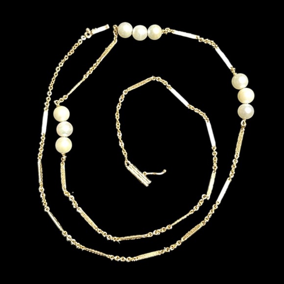 14k Gold Stationed Pearl Necklace - Picture 1 of 7